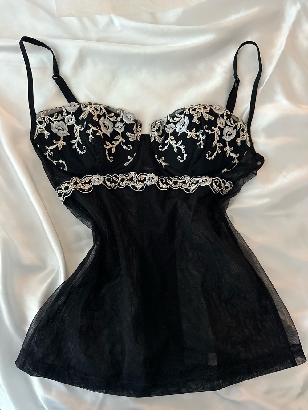 MWOT La Perla Black Lace Embroidered Mesh Corset with White Floral Accents